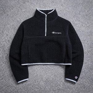 Champion Black & White Cropped Fleece Quarter Zip Women’s Medium pocket